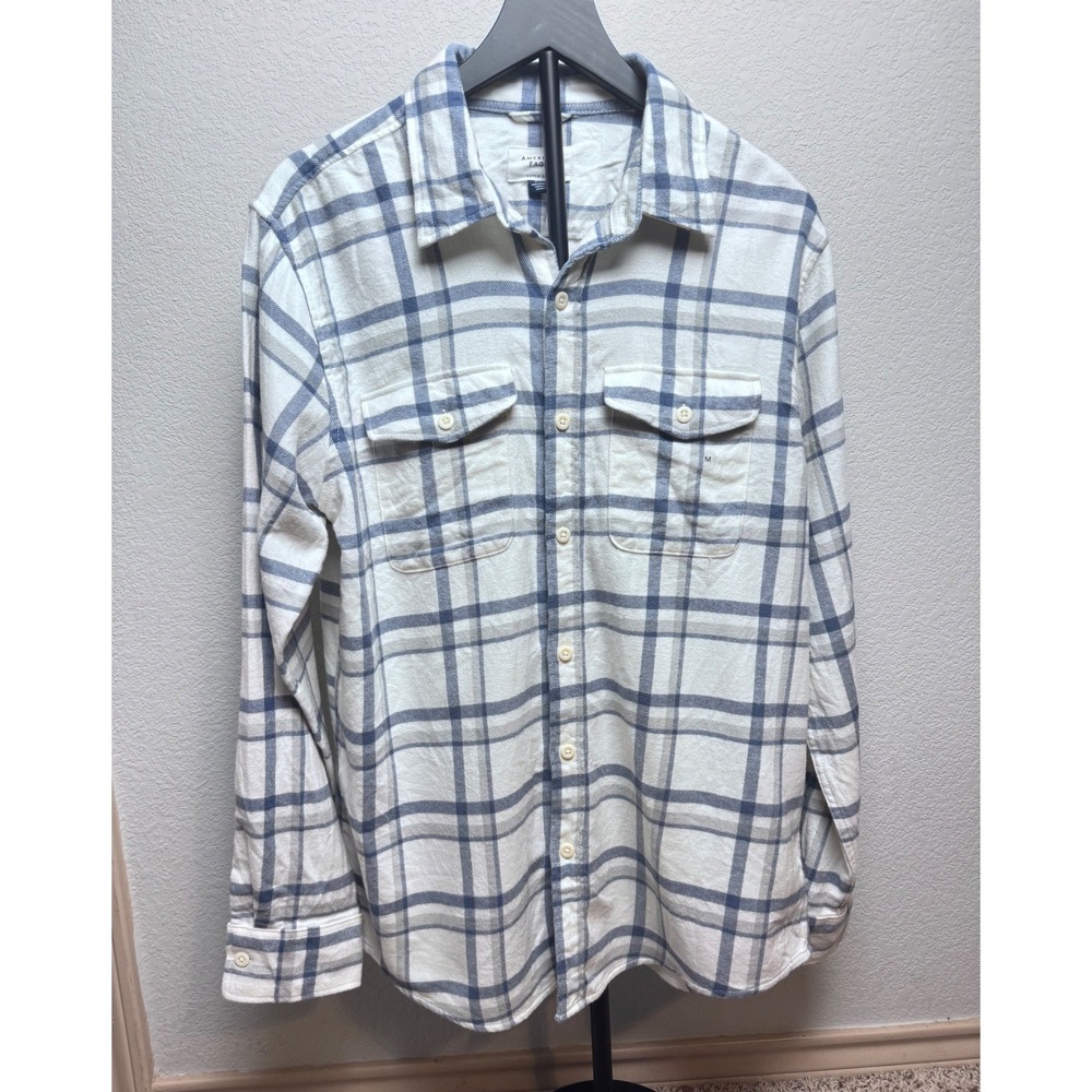 American Eagle Super Soft Flannel Shirt Mens Medium White Blue Button Down NWT